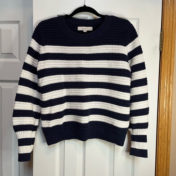LOFT Striped Navy and White Crew Neck Sweater - Picture 1 of 3